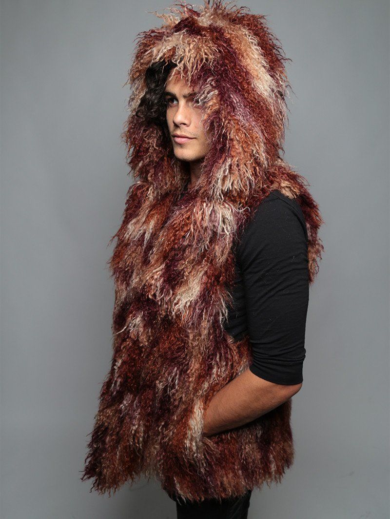 Man wearing Merlot Alpaca Faux Fur Vest, side view 1