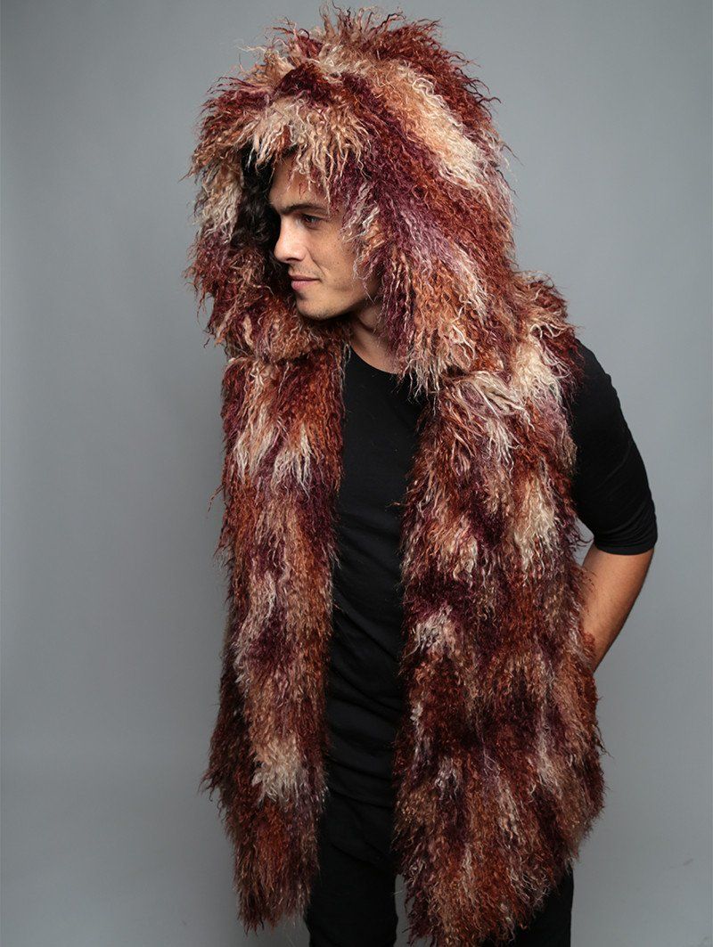 Man wearing Merlot Alpaca Faux Fur Vest, side view 2