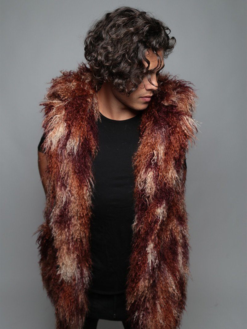 Man wearing Merlot Alpaca Faux Fur Vest, front view 1