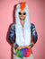 Man wearing faux fur My Little Pony Rainbow Dash SpiritHood. front view 1