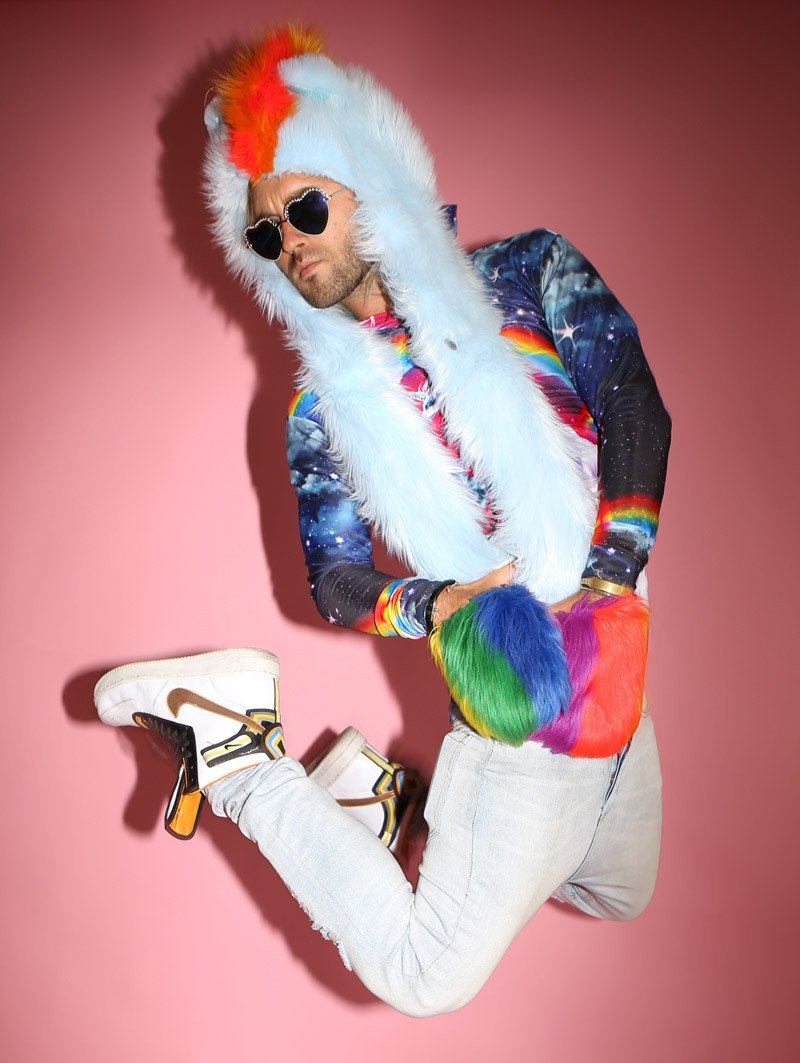 Man wearing faux fur My Little Pony Rainbow Dash SpiritHood, side view 