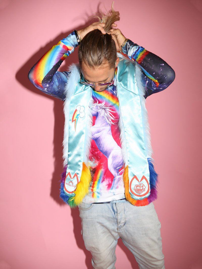 Man wearing faux fur My Little Pony Rainbow Dash SpiritHood, front view 5