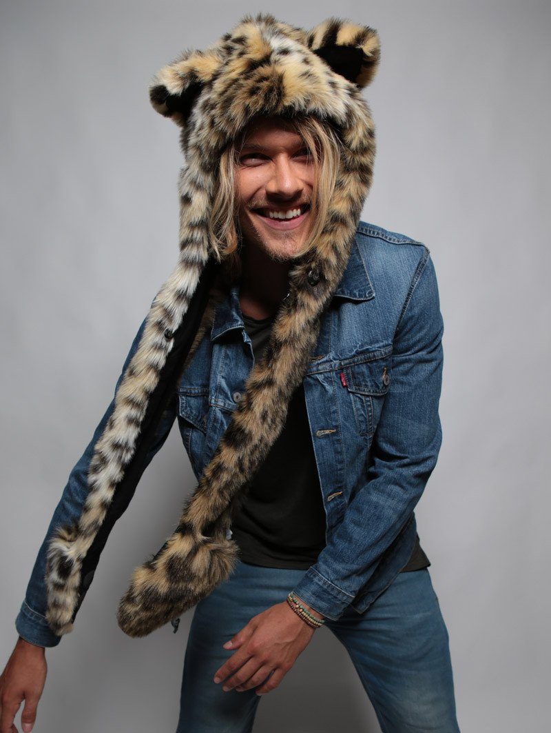 Man wearing faux fur Cheetah SpiritHood, front view 2