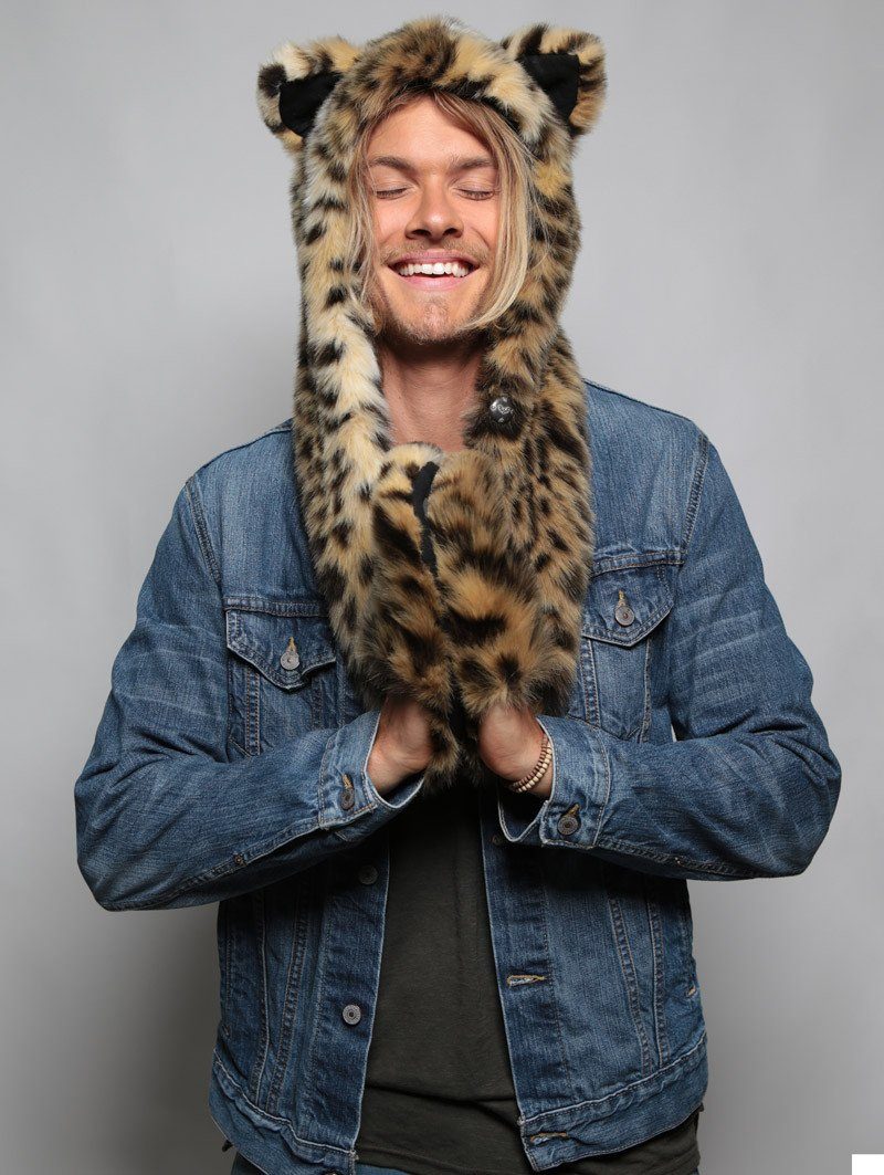 Man wearing faux fur Cheetah SpiritHood, front view 4