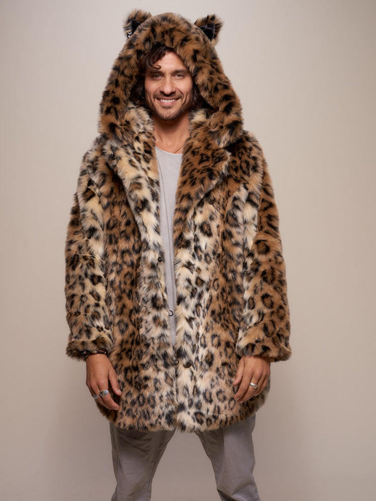 SpiritHoods® Luxe Faux Fur Mens Coat With Hood & Ears Classic Leopard