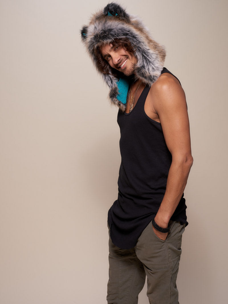 Man wearing faux fur Grey Wolf Half Hood, side view 3