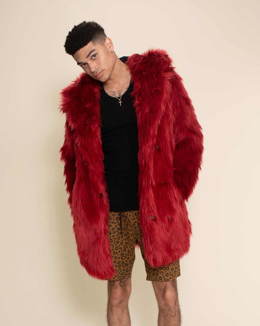 Men's Fashion Off Red Faux Fur Fuzzy Coat