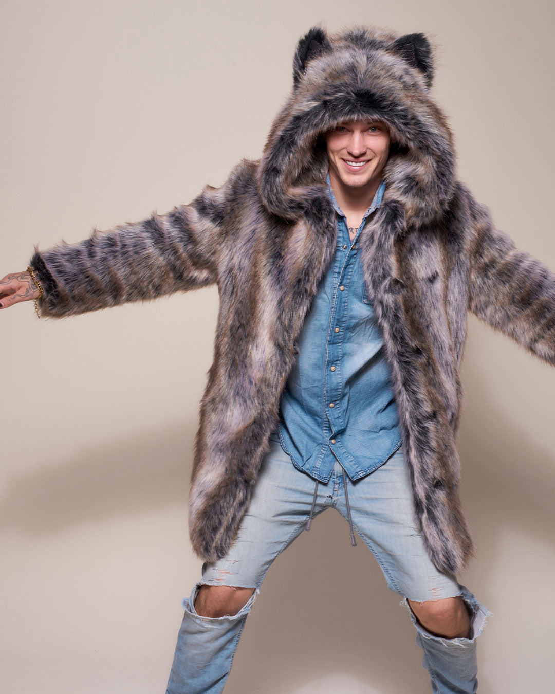 SpiritHoods Men's Wolf Hooded Faux Fur Coat