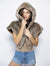 Woman wearing faux fur NightHawk Shawl, front view