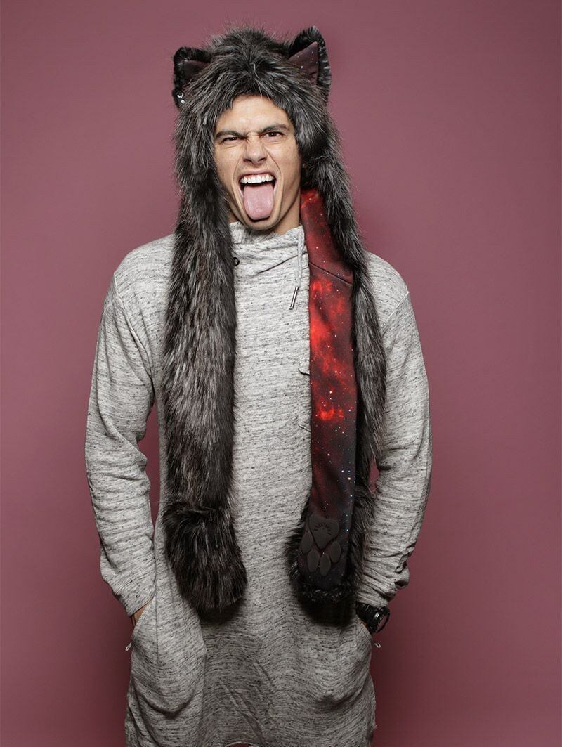 Man wearing faux fur Night Fox Galaxy CE SpiritHood, front view 1