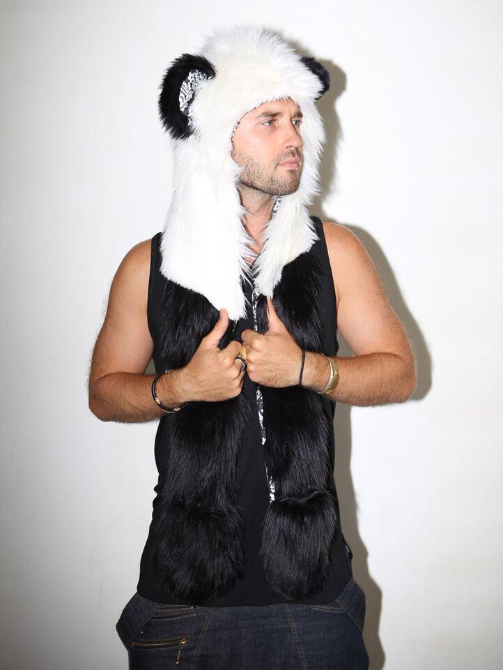 Man wearing faux fur Panda SpiritHood, side view 1