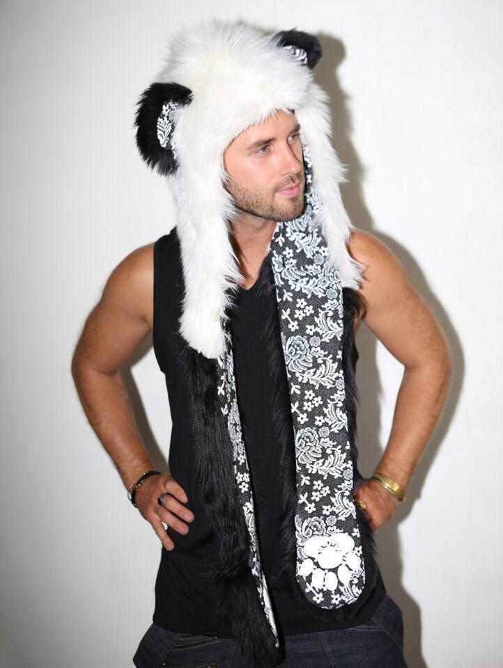 Man wearing faux fur Panda SpiritHood, side view 2