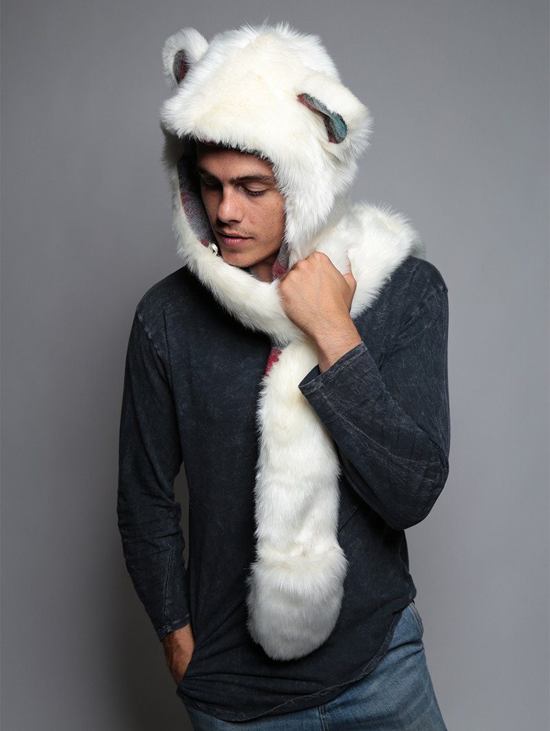 Man wearing faux fur Polar Bear Italy SpiritHood, side view 1