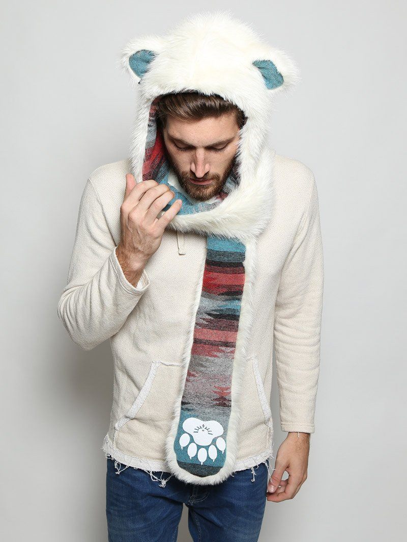 Man wearing faux fur Polar Bear Italy SpiritHood, front view