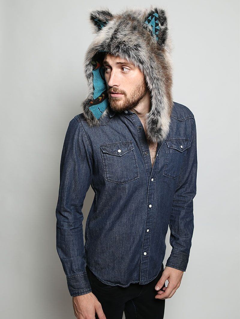 Man wearing faux fur Grey Wolf Half Hood, side view 1