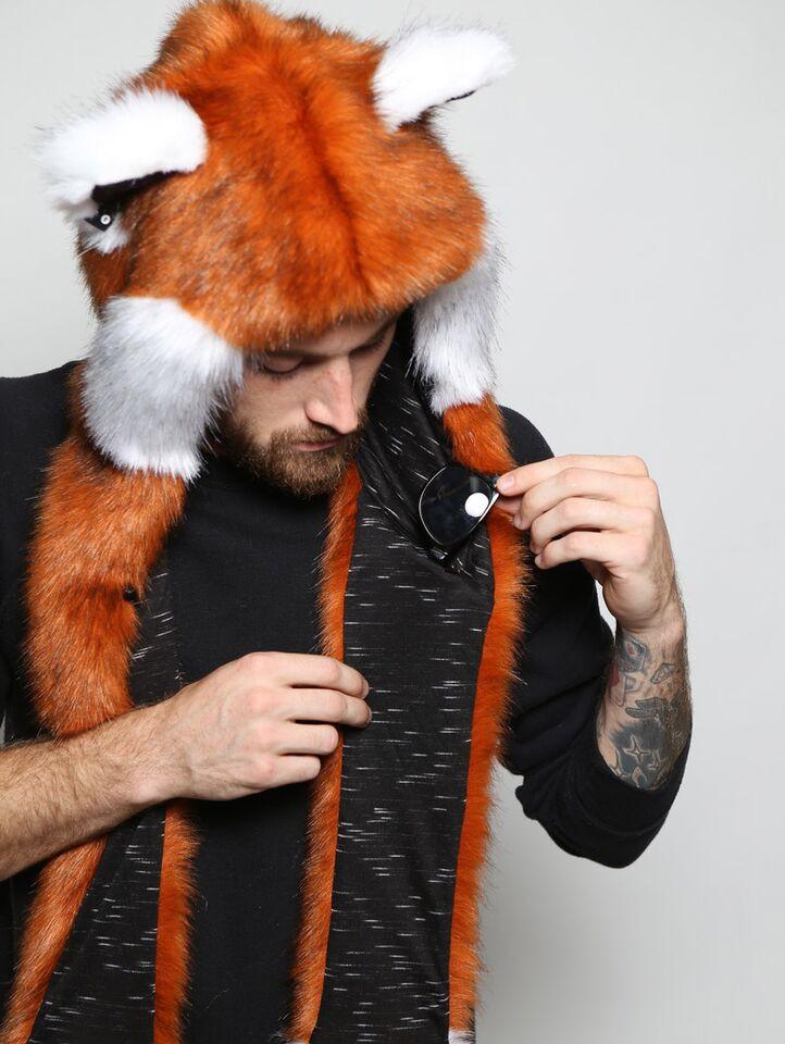 Man wearing faux fur Red Panda SpiritHood 2.0, front view