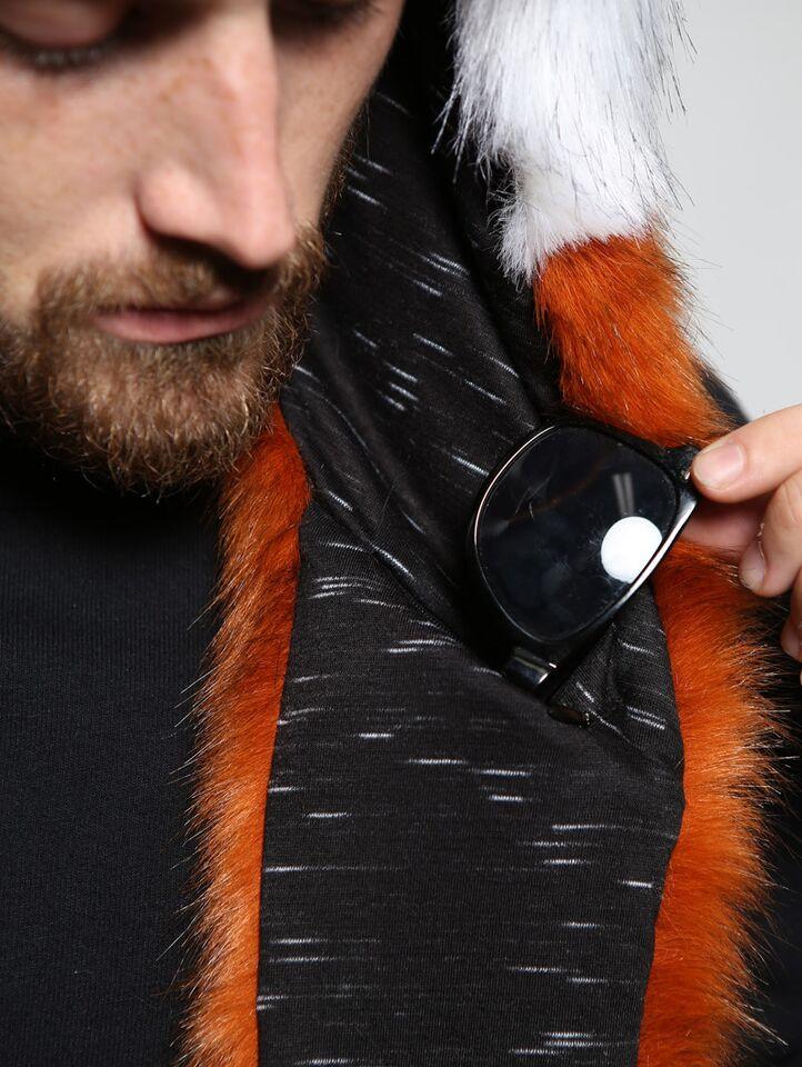 Man wearing faux fur Red Panda SpiritHood 2.0, front view 1