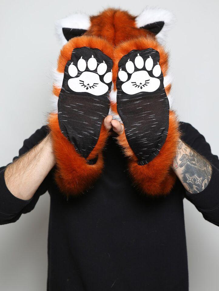 Man wearing faux fur Red Panda SpiritHood 2.0, front view 2