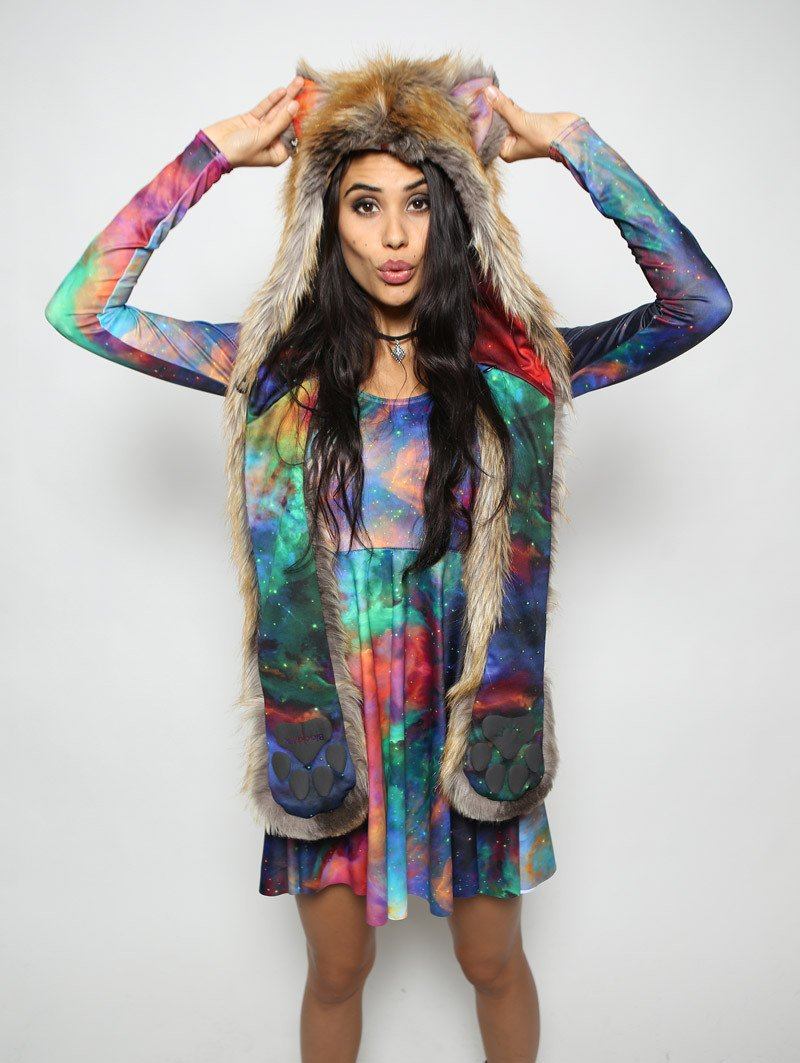 Woman wearing The BlackMilk Red Fox Rainbow Galaxy Faux Fur SpiritHood, front view 2