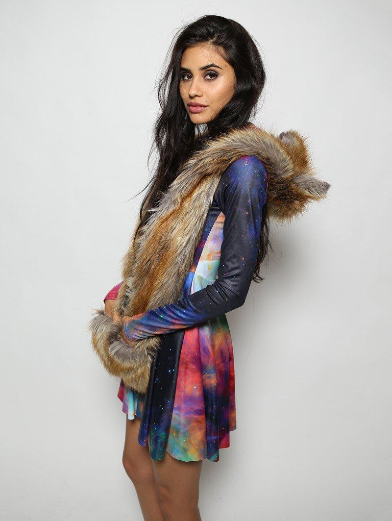 Woman wearing The BlackMilk Red Fox Rainbow Galaxy Faux Fur SpiritHood, side view