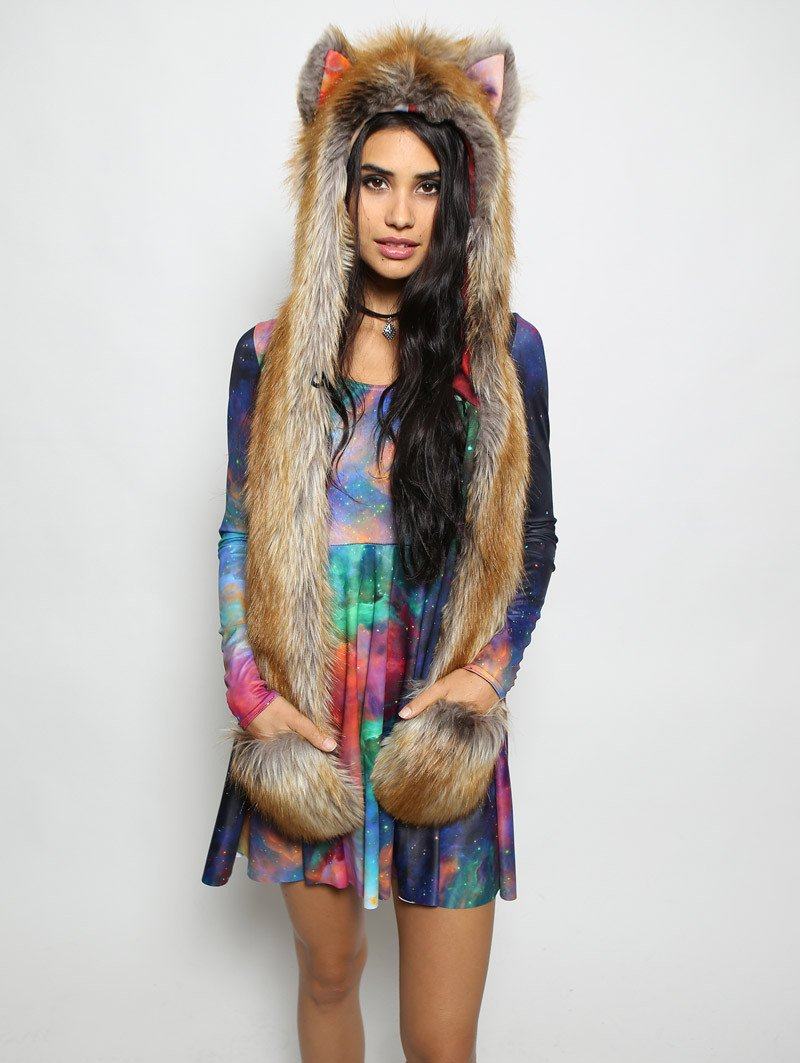 Woman wearing The BlackMilk Red Fox Rainbow Galaxy Faux Fur SpiritHood, front view