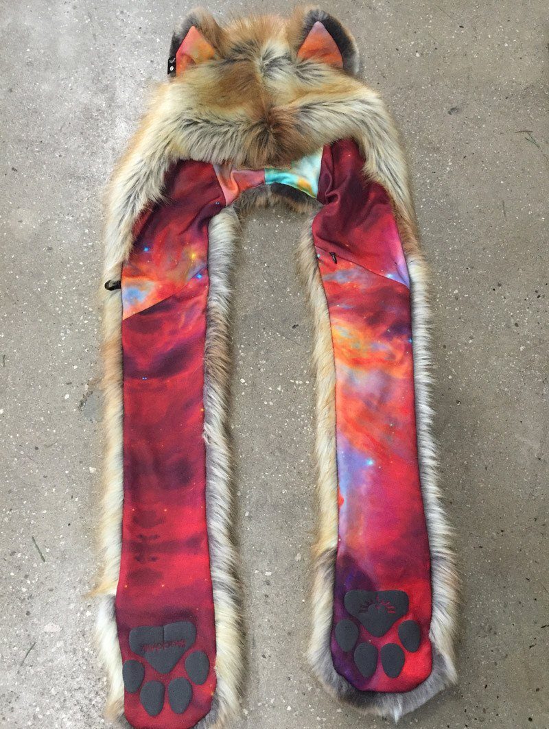 Faux Fur Red Fox Unisex SpiritHood in Rainbow Galaxy Design