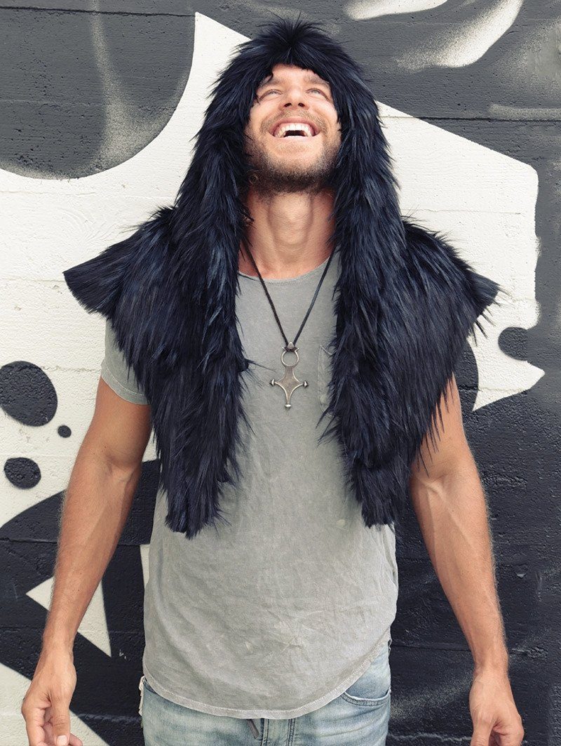 Man wearing faux fur Raven Shawl Collectors Edition SpiritHood