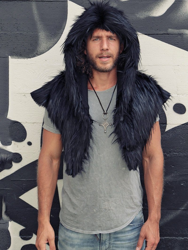 Man wearing faux fur Raven Shawl Collectors Edition SpiritHood, front view