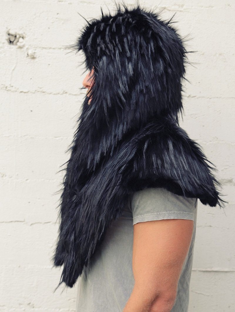 Man wearing faux fur Raven Shawl Collectors Edition SpiritHood, side view