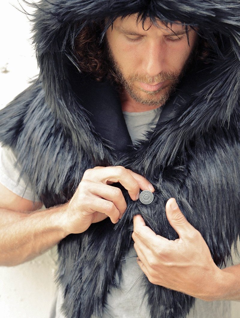 Man wearing faux fur Raven Shawl Collectors Edition SpiritHood, front view 1