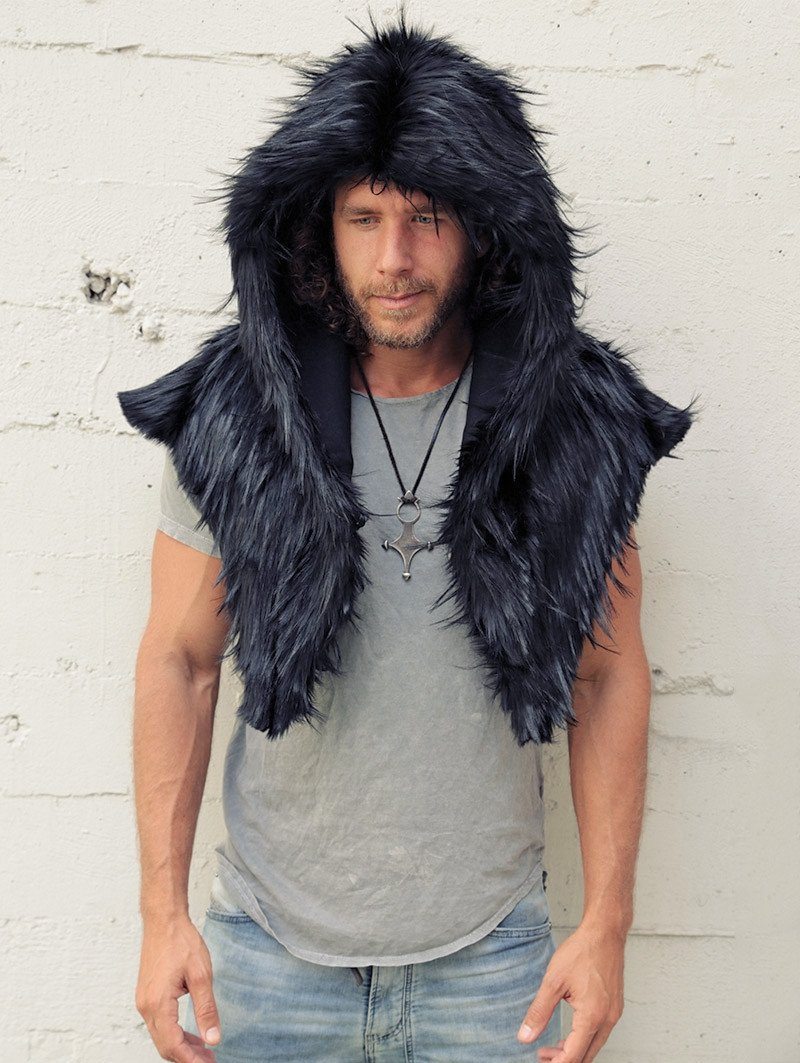 Man wearing faux fur Raven Shawl Collectors Edition SpiritHood, front view 2