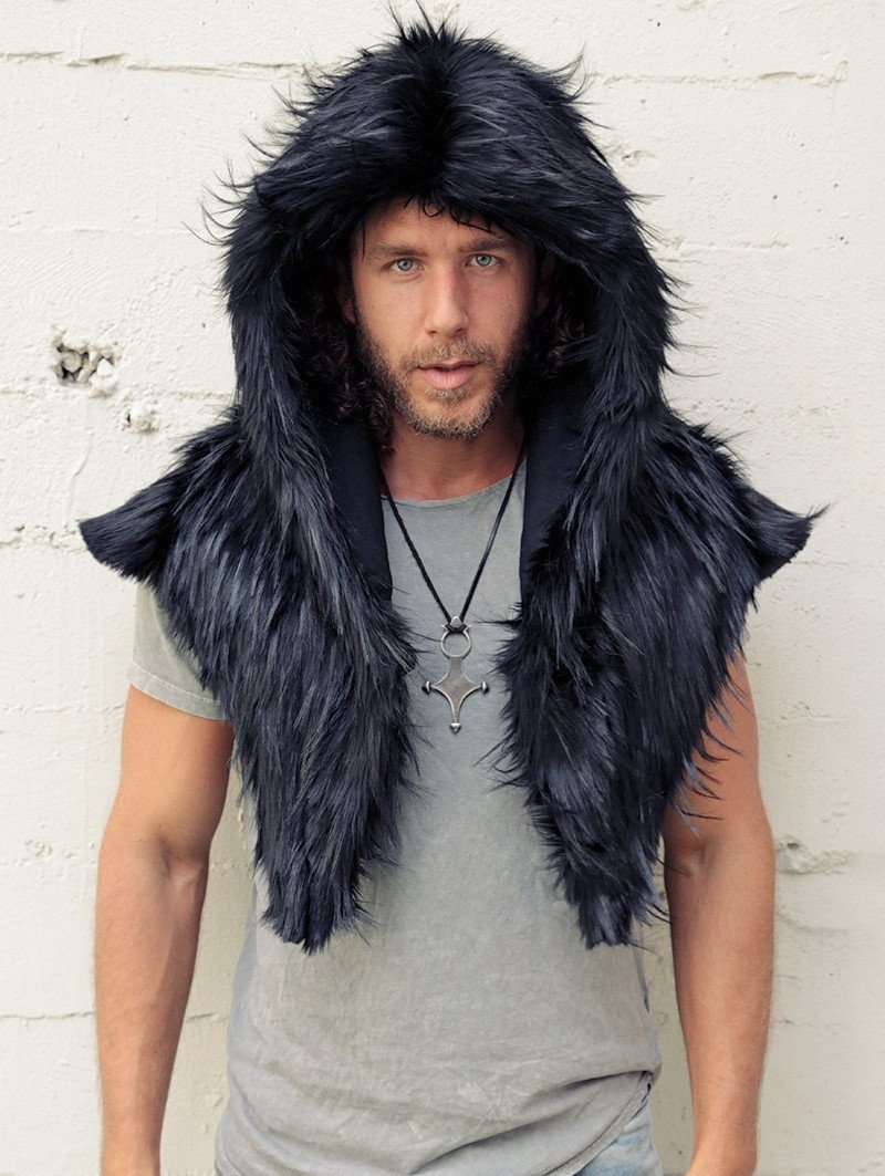 Man wearing faux fur Raven Shawl Collectors Edition SpiritHood, front view 3