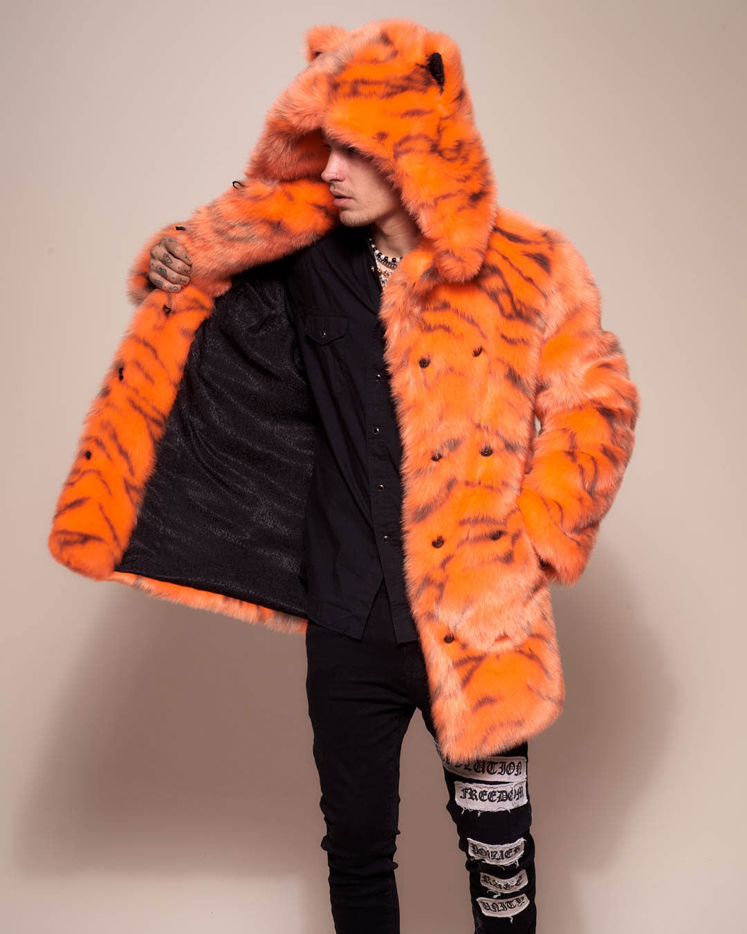 Ears Fur Jacket SpiritHoods Coat with and Plush Neon Faux Orange Hood - Tiger
