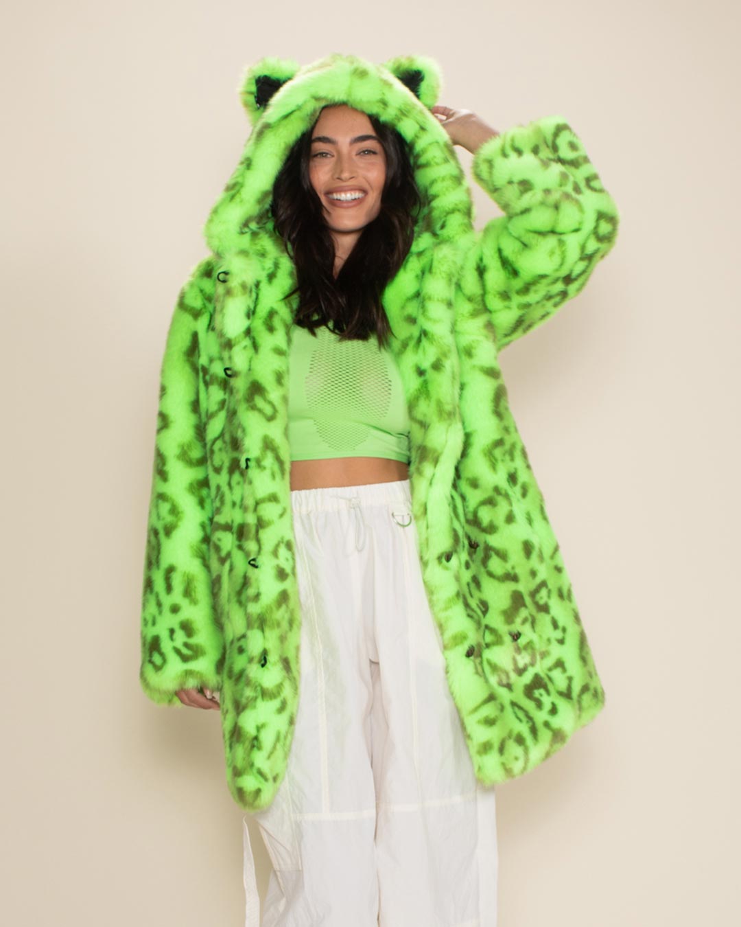 Classic Women&#39;s Faux Fur Coat | Neon Green Leopard