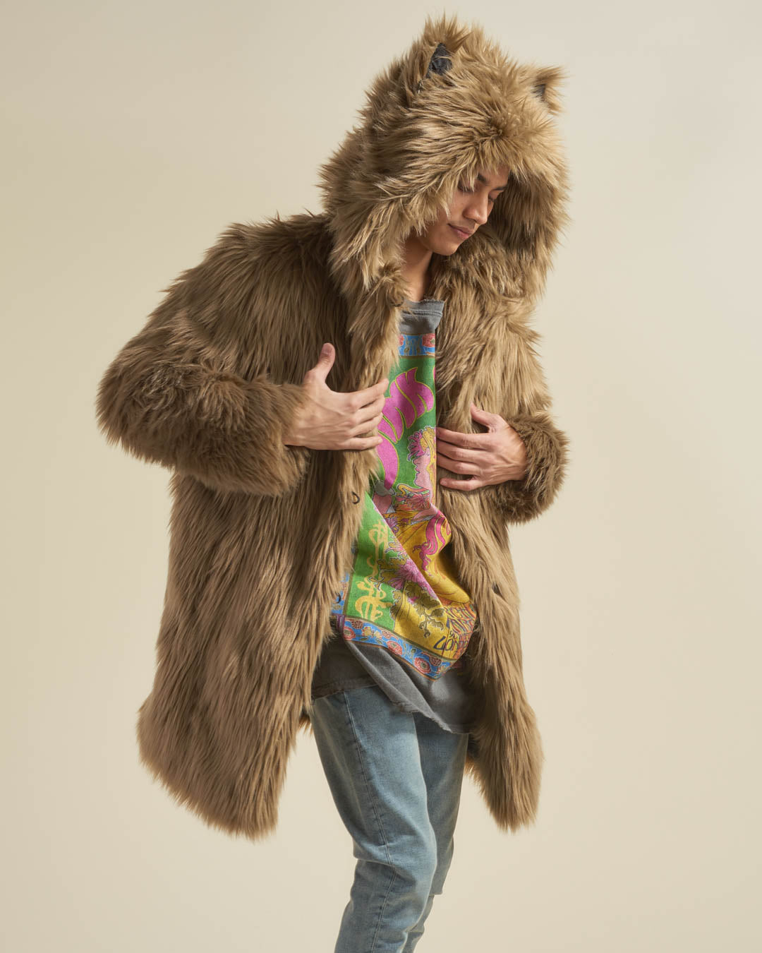 Ash Wolf Classic Faux Fur Coat with Hood on Man