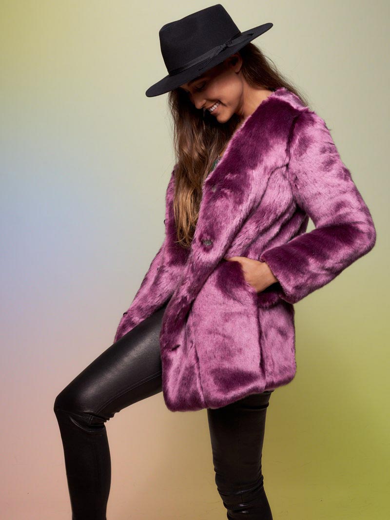Lavender Wolf V-Neck Luxe Faux Fur Coat on Female