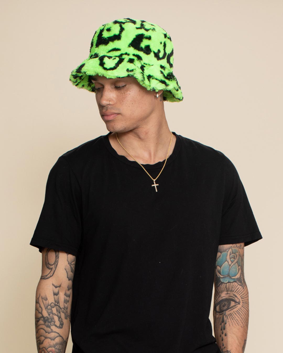 Men s Neon Green Leopard Faux Fur Bucket Hat Wild Style SpiritHoods