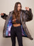 Woman wearing Classic Grey Wolf Galaxy Collector Faux Fur Coat, front view