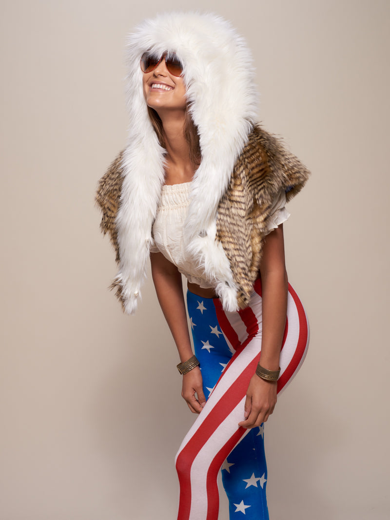 Woman wearing faux fur Bald Eagle Shawl SpiritHood, side view 1