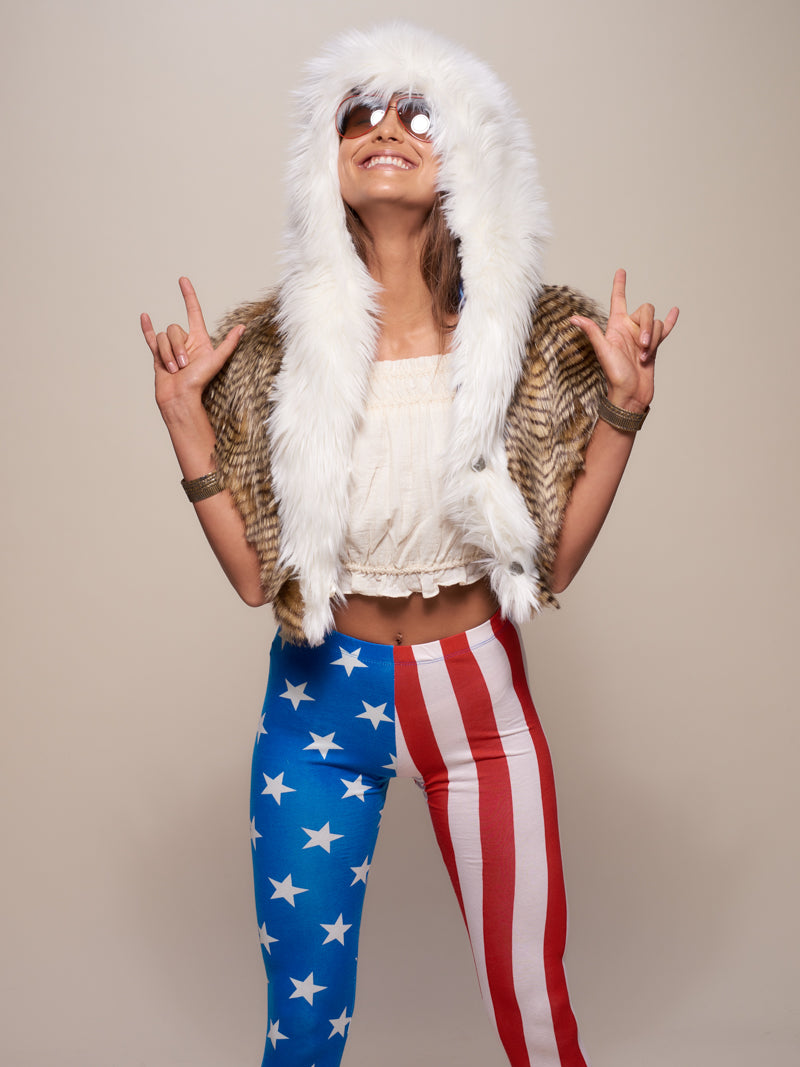 Woman wearing faux fur Bald Eagle Shawl SpiritHood, front view