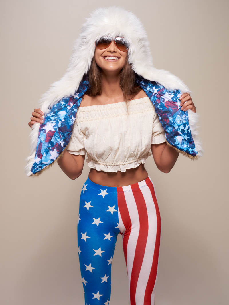 Woman wearing faux fur Bald Eagle Shawl SpiritHood, front view 1