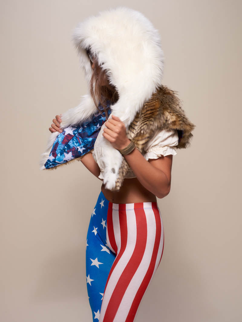 Woman wearing faux fur Bald Eagle Shawl SpiritHood, side view 2