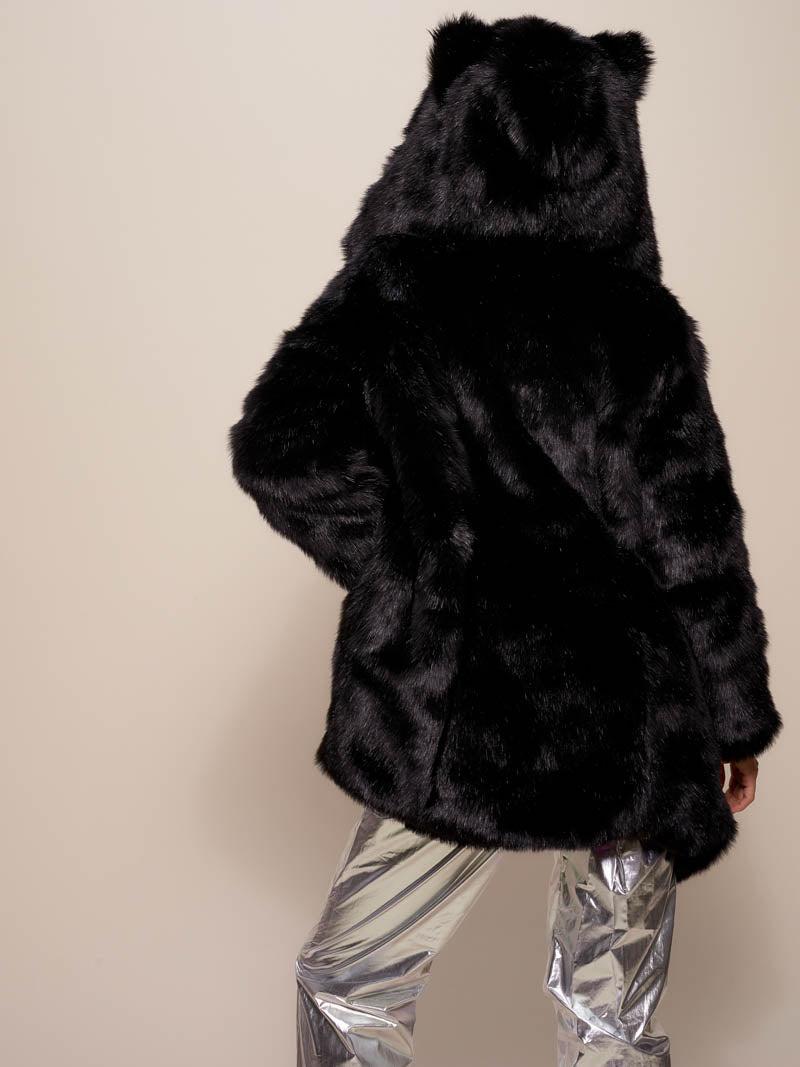 Woman wearing Classic Black Panther Galaxy C.E. Faux Fur Coat, back view