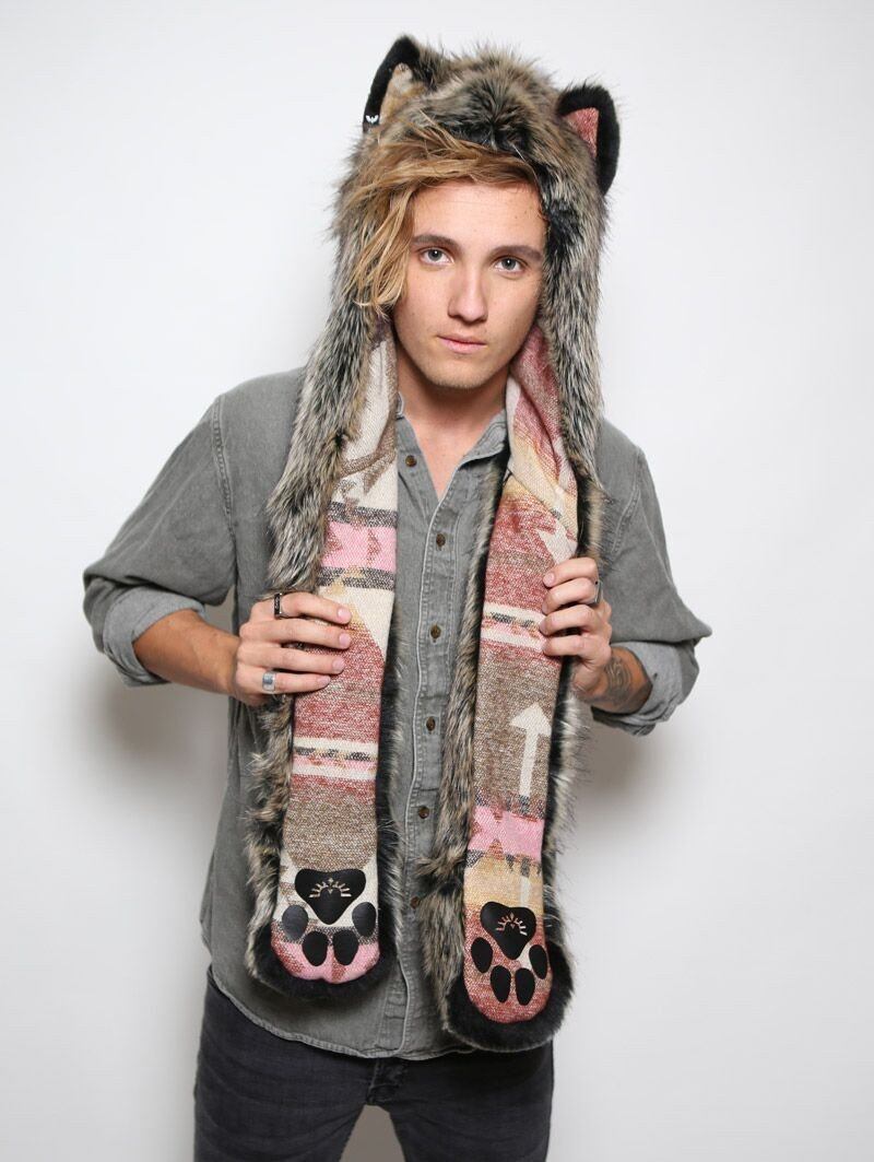 Man wearing faux fur Unisex Direwolf Spirithood, front view 