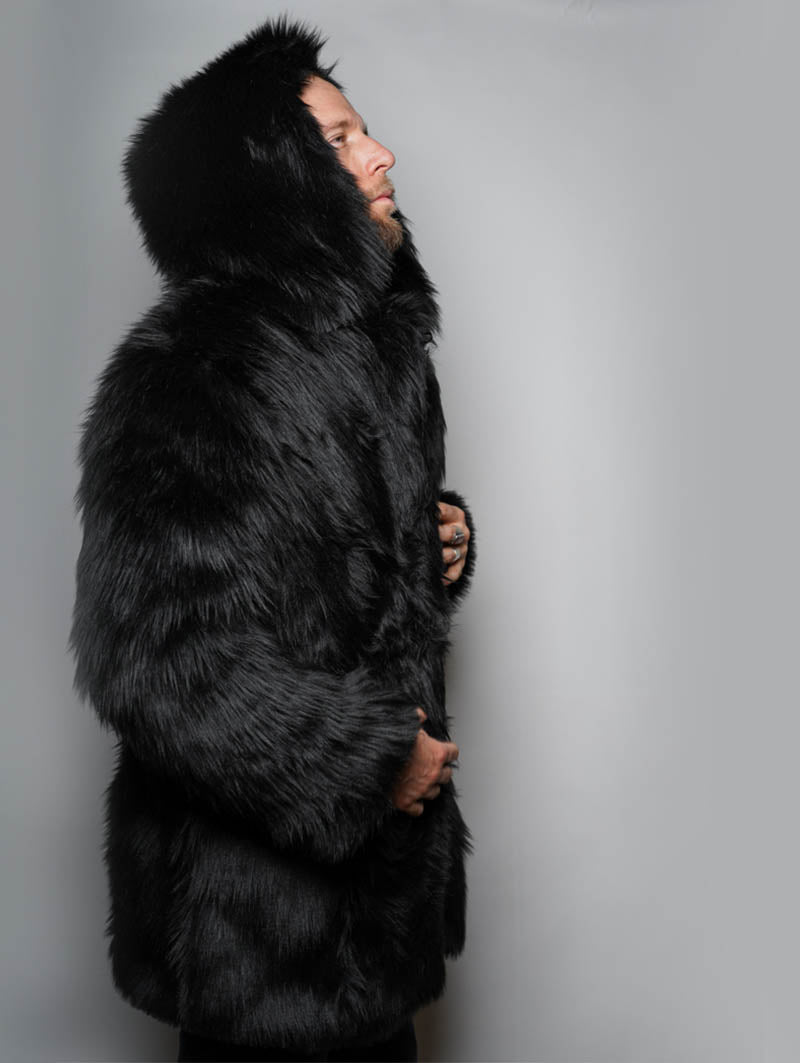 Black Wolf Plaid Hooded Faux Fur Coat | Men's