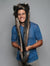 Man wearing faux fur Northern Rocky Mountain Wolf SpiritHood, front view 1