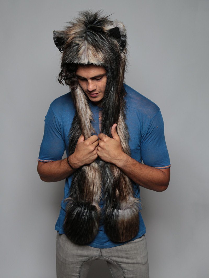 Man wearing faux fur Northern Rocky Mountain Wolf SpiritHood