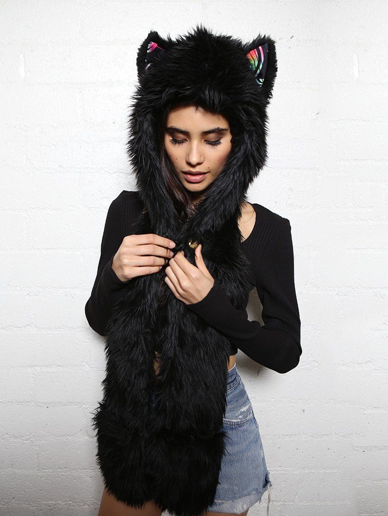 FauxEva Funky Black Wolf Hooded Faux Fur