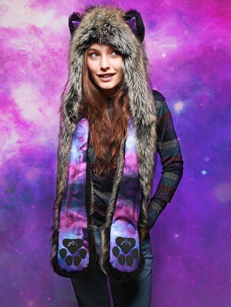 Woman wearing Direwolf Galaxy Collector Faux Fur SpiritHood
