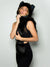Woman wearing Faux Fur Black Wolf Italy SpiritHood, side view 1